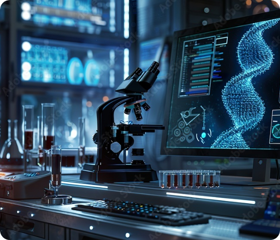 microscope on a bench, with a large screen showing a DNA strand