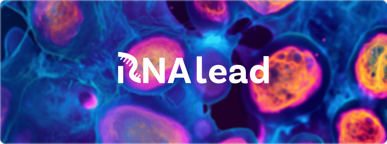 large picture of RNAlead logo on colored background (pink and blue cells)